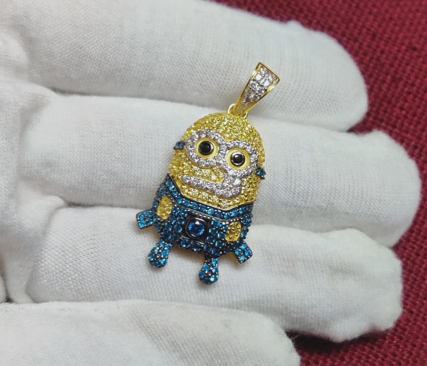 3Ct Round Cut Simulated Diamond Multi- Color Cartoon Pendant Cartoon Face 14K Yellow Gold Plated Free Chain 18" 925 Silver