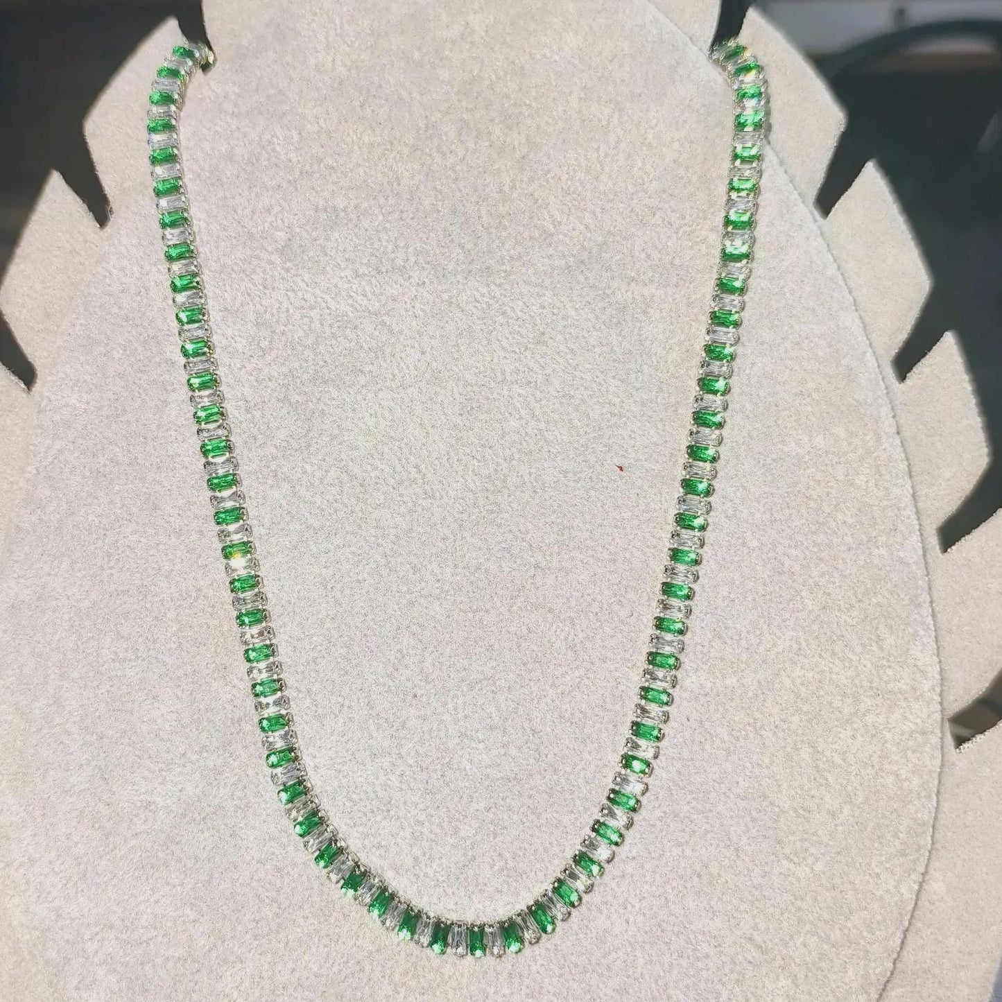 14Ct Radiant And Baguette Cut Emerald Lab-Created Gemstone Tennis Necklace 14K White Gold Plated Necklace Tennis Chain Necklace Size 19"
