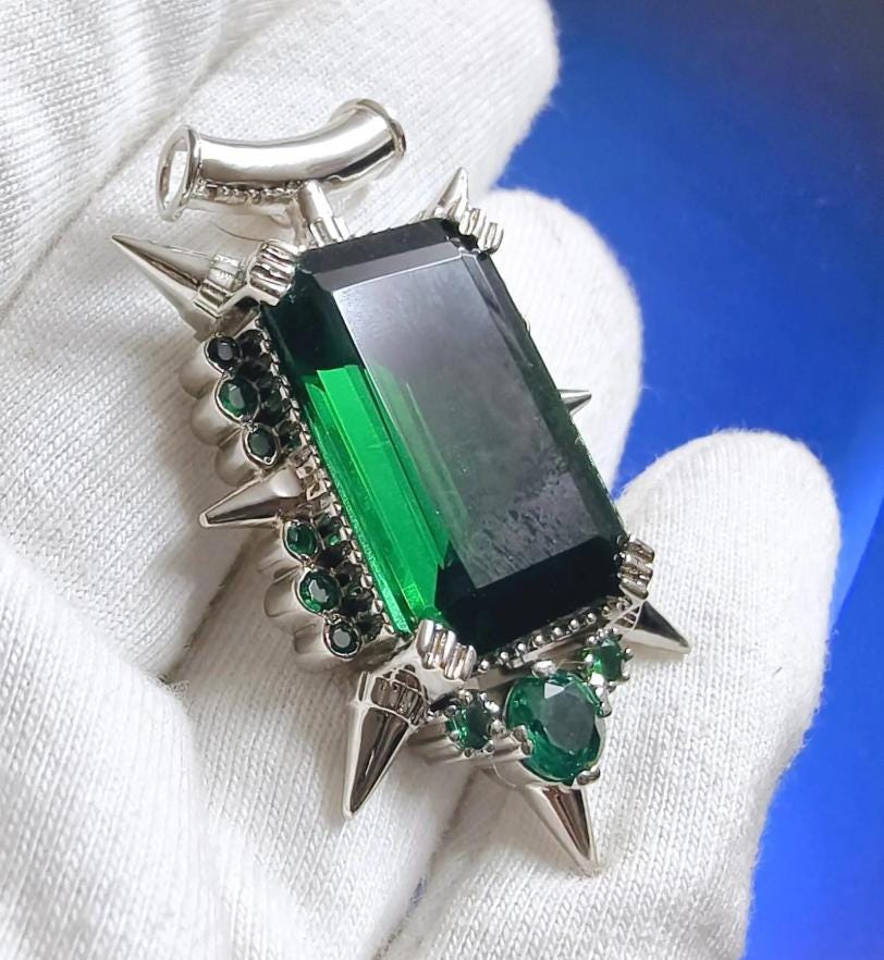 2Ct Emerald Cut Simulated Green Emerald Halo Pendant Necklace 14K White Gold Finish - 925 Sterling Silver