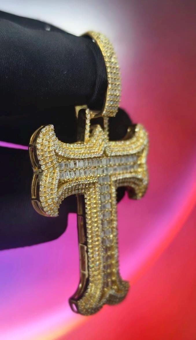 3Ct Round Cut Simulated Diamond Custom Inital Letter T Pendant 14K Yellow Gold Plated - 925 Silver