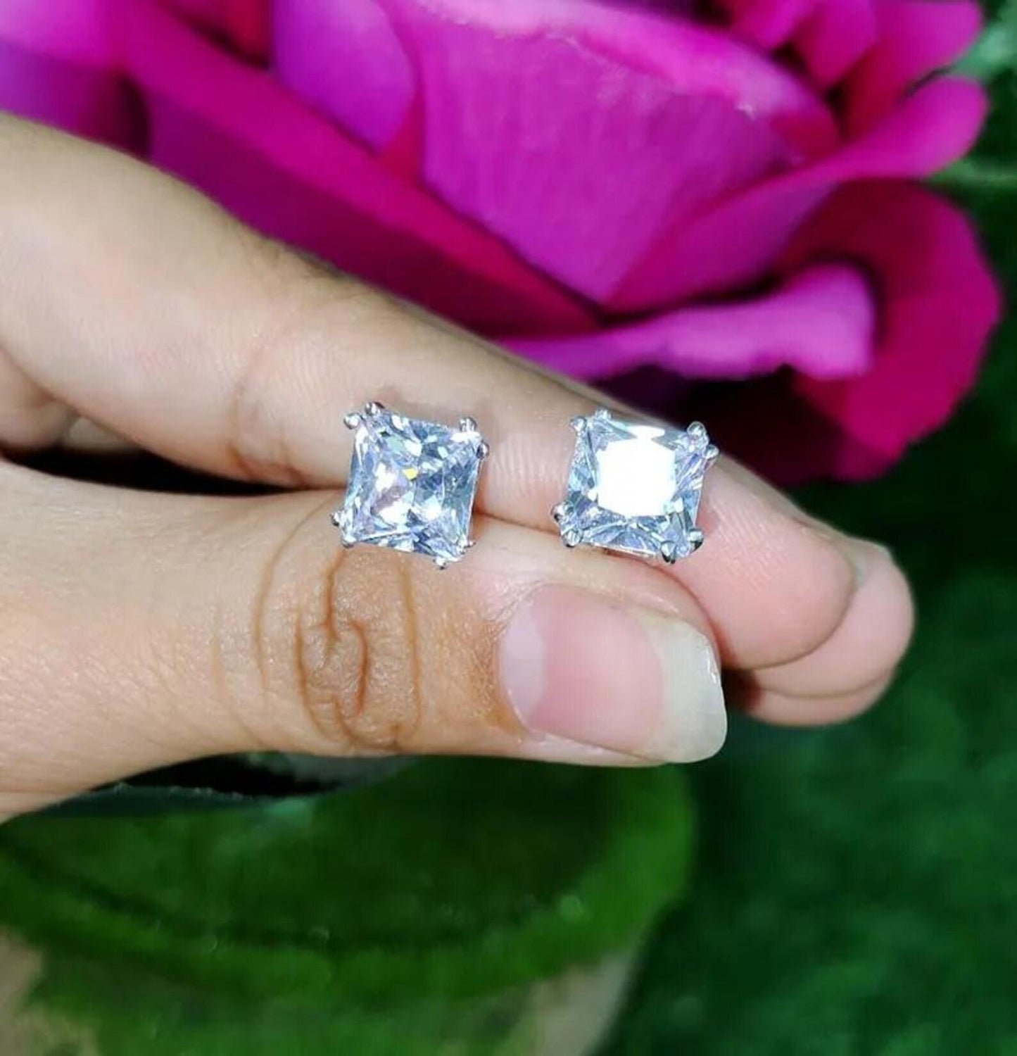 8mm Princess Cut Prong Stud Earrings Simulated Diamond Earrings 14K White Gold Finish 925 Silver Prong Setting Earring, Gift For Anniversary