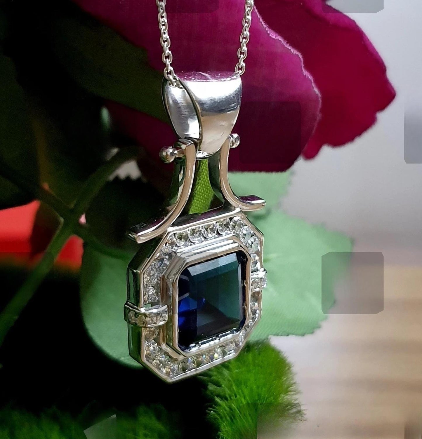 3Ct Asscher Cut Blue Sapphire Round Cut Diamond Halo 14K White Gold Finish Pendant Necklace For Girls With Free Chain