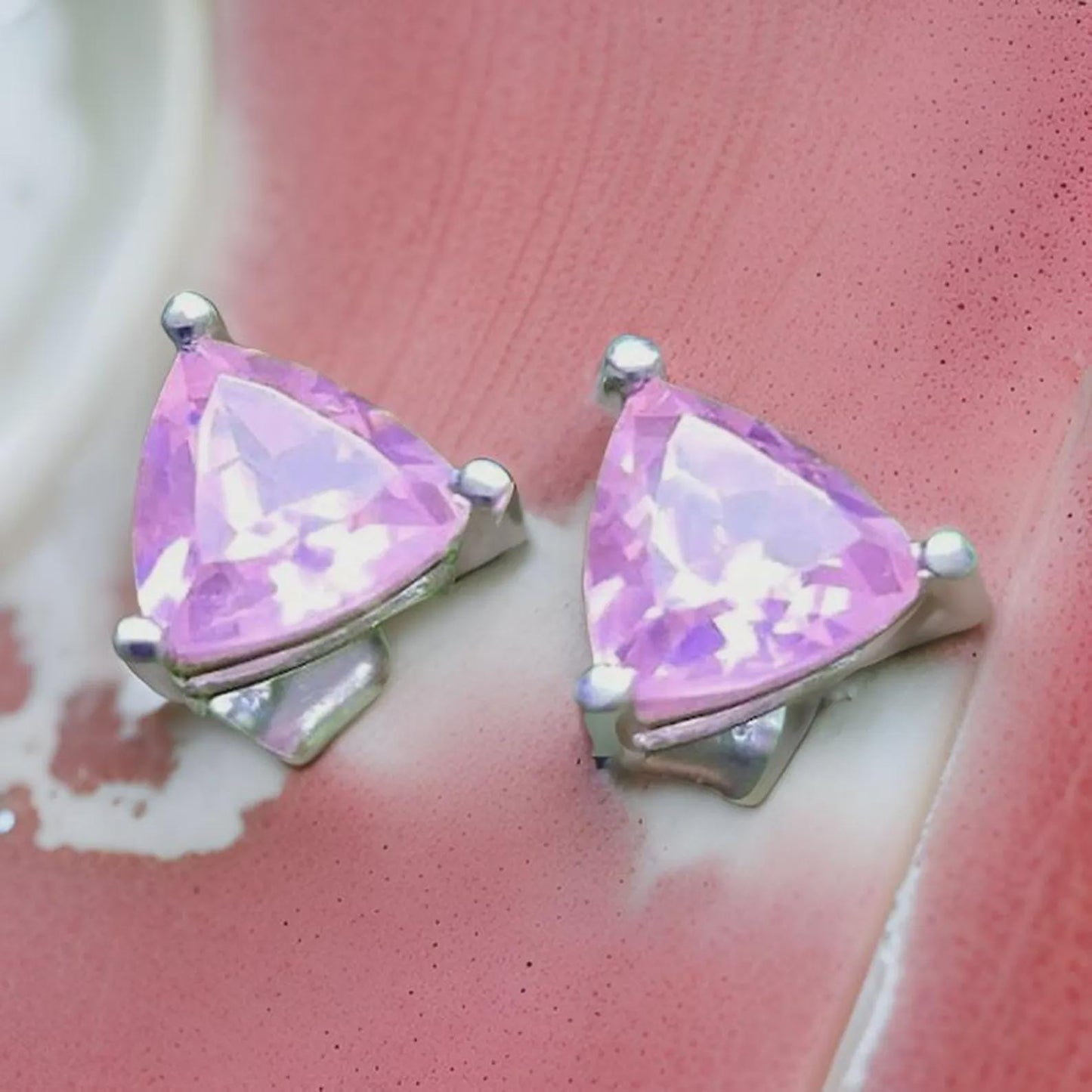 2Ct Solitaire Stud Earrings Trillion Cut Simulated Pink Sapphire Earrings 14k White Gold Plated, Prong Earrings Push Back Gift for Party