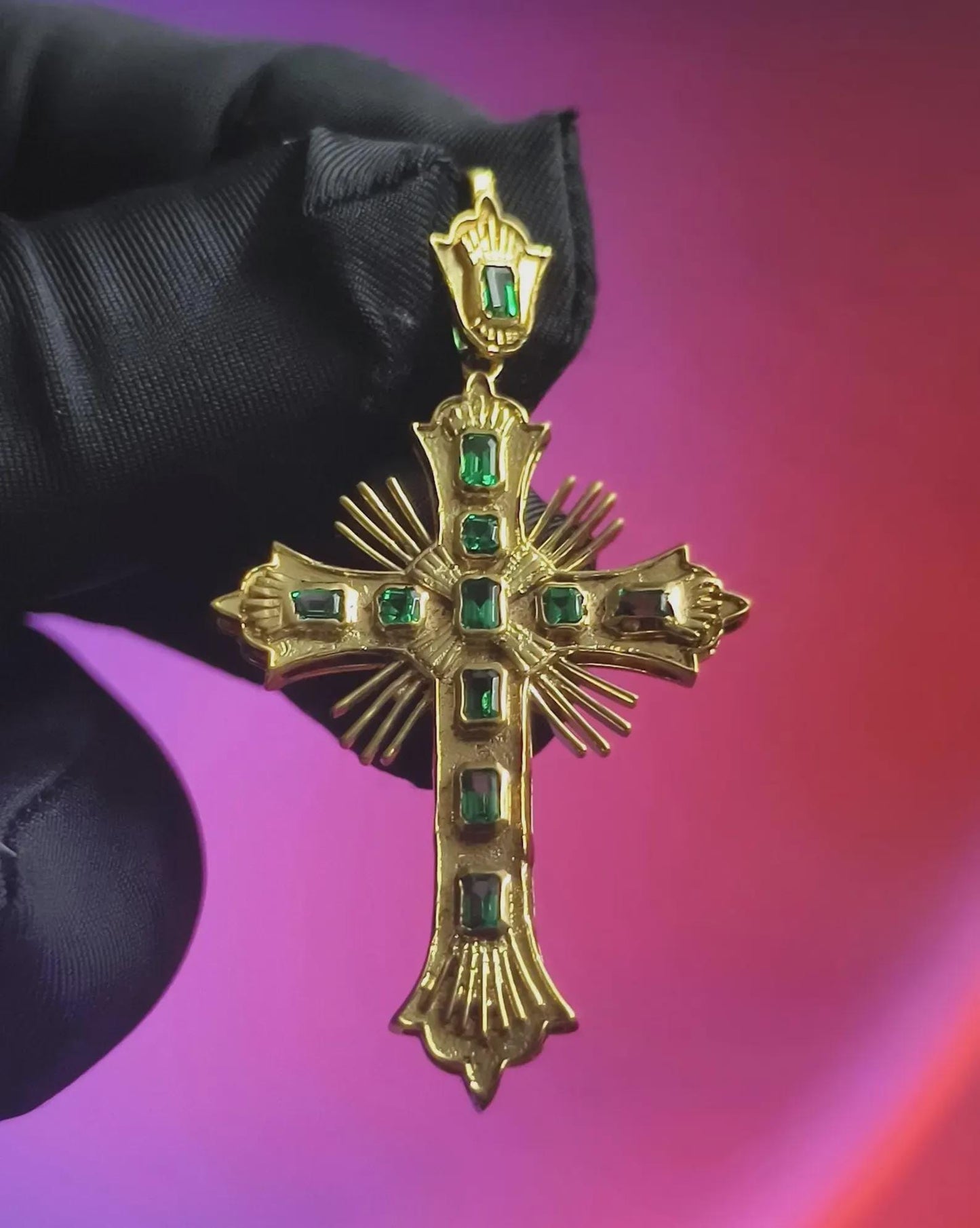 Emerald Cut Cross Pendant Simulated Green Emerald Diamond Pendant 4K Yellow Gold Plated 925 Sterling Silver, Religious Christmas Pendant