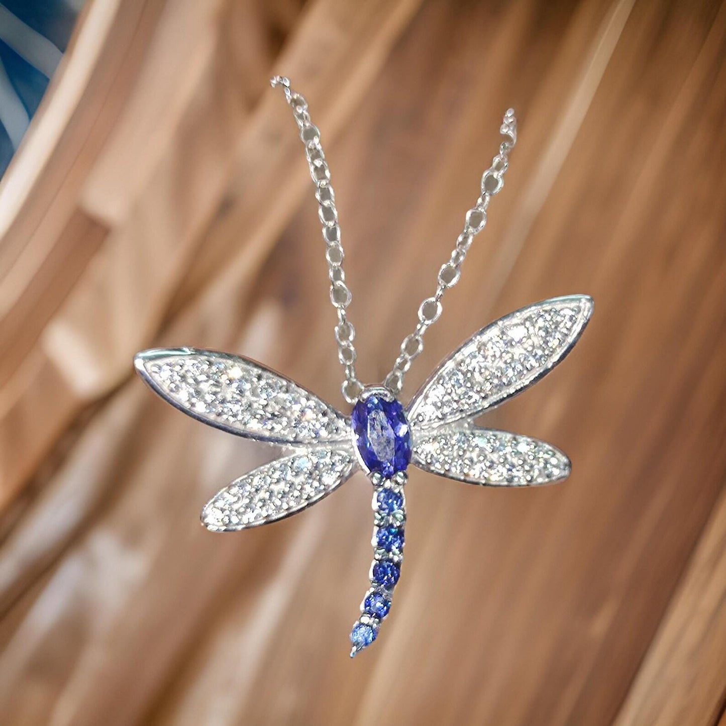 2Ct Oval Cut Lab-Created Blue Sapphire & Diamond Dragonfly Pendant 14K White Gold Plated Sapphire Pendant Women's Dragonfly Pendant