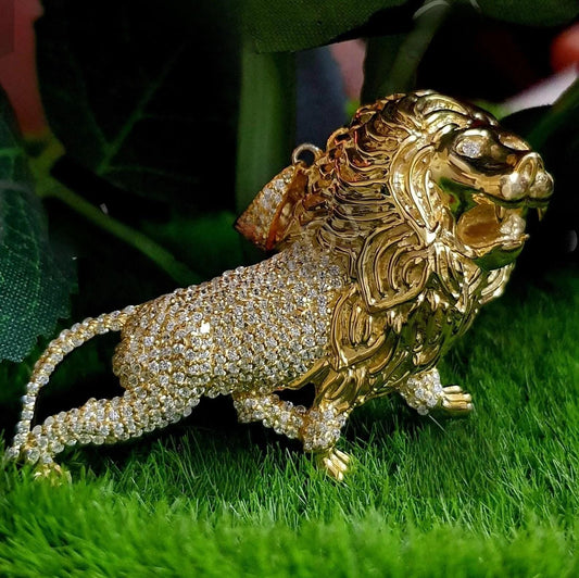 Round cut Custom Made King Lion Pendant Simulated Diamond , King Lion Hip Hop Multi Stone Pendant Free Chain 14k Yellow Gold Finish Pendant.