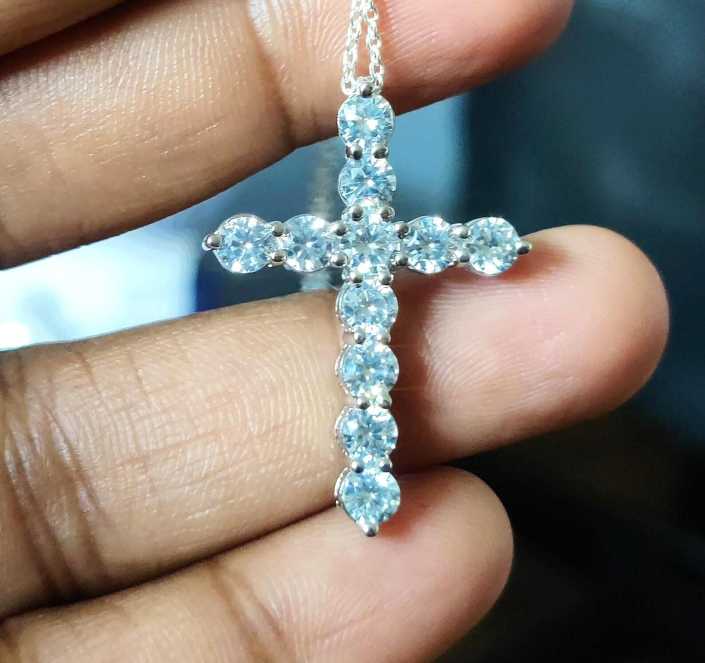 1.50Ct Round Cut Fancy VVS1 Diamond Cross Pendant 14k White Gold Plated- 925 Silver Free Chain