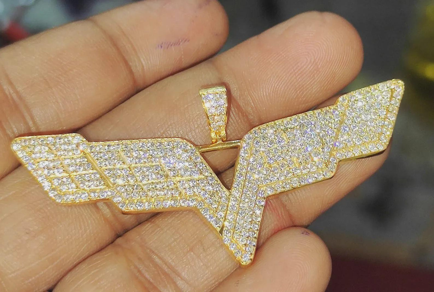 1Ct Diamond Lab-Created Wing Hip Hop Pendant Necklace Round Cut 14K Yellow Gold Plated 925 Sterling Silver V Wing Shape Pendant