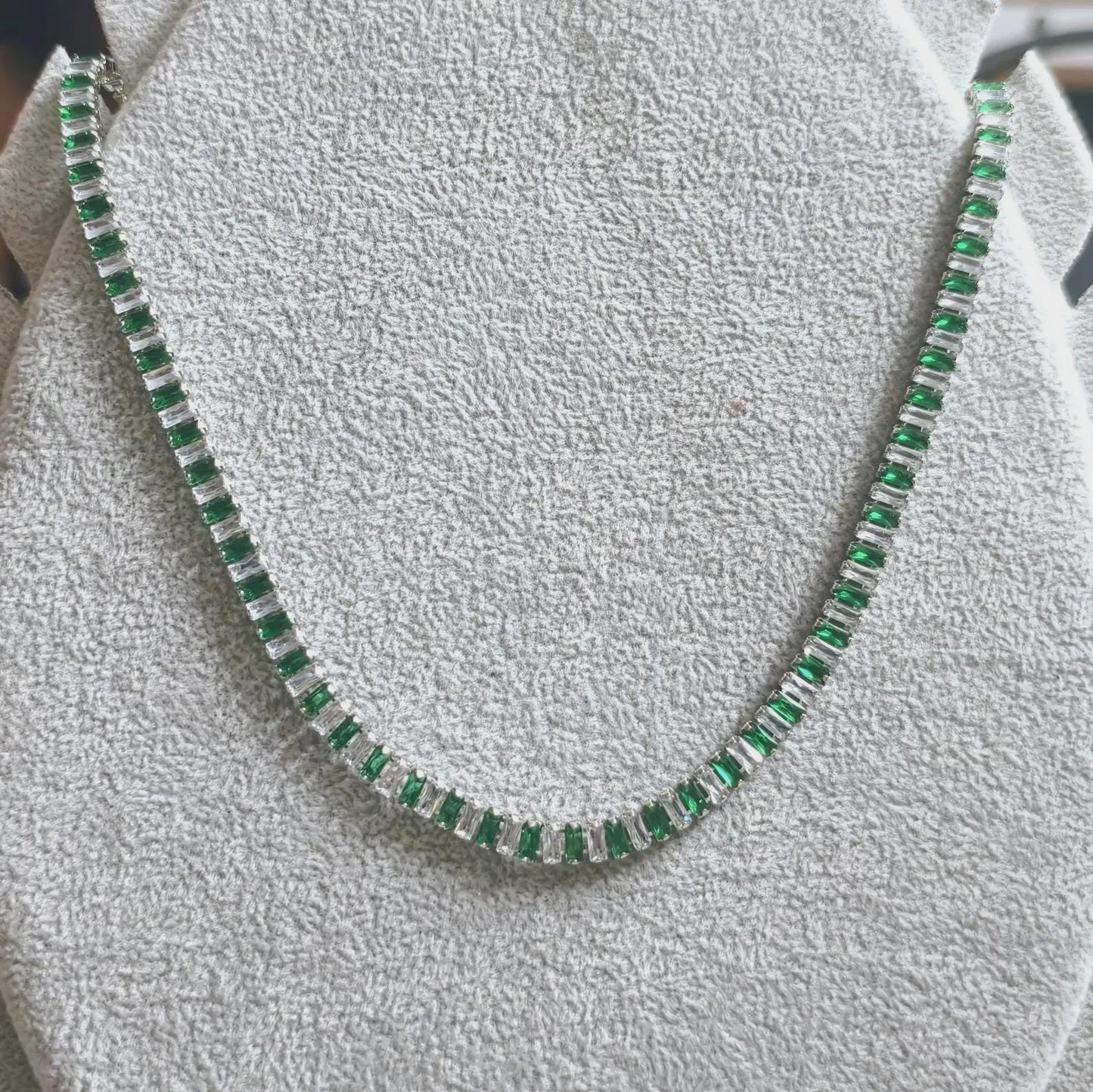 14Ct Radiant And Baguette Cut Emerald Lab-Created Gemstone Tennis Necklace 14K White Gold Plated Necklace Tennis Chain Necklace Size 19"