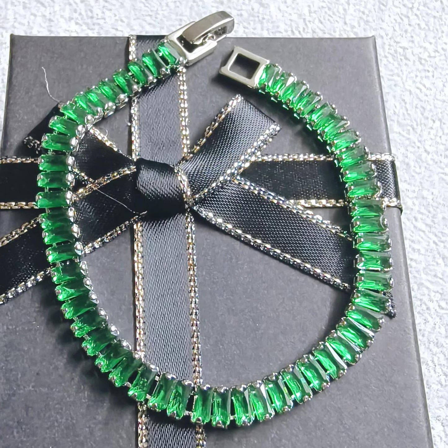 12Ct Baguette Cut Green Emerald Lab-Created Green Emerald Tennis Bracelet 14K White Gold Plated Diamond Bracelet Size 7.5" Inch 925 Silver