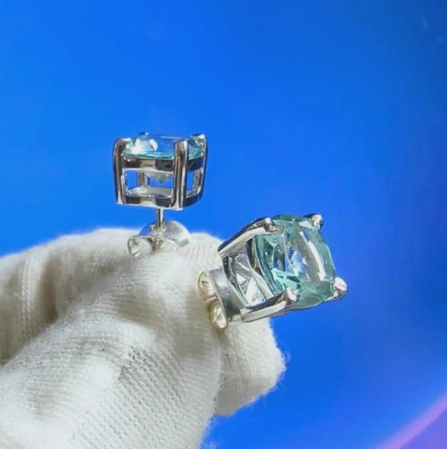 4Ct Cushion cut Aquamarine 14K White Gold Finish Sterling 925 Solitaire Stud Earrings Gift For her ,Birthday Gift, Special Wedding Gift,