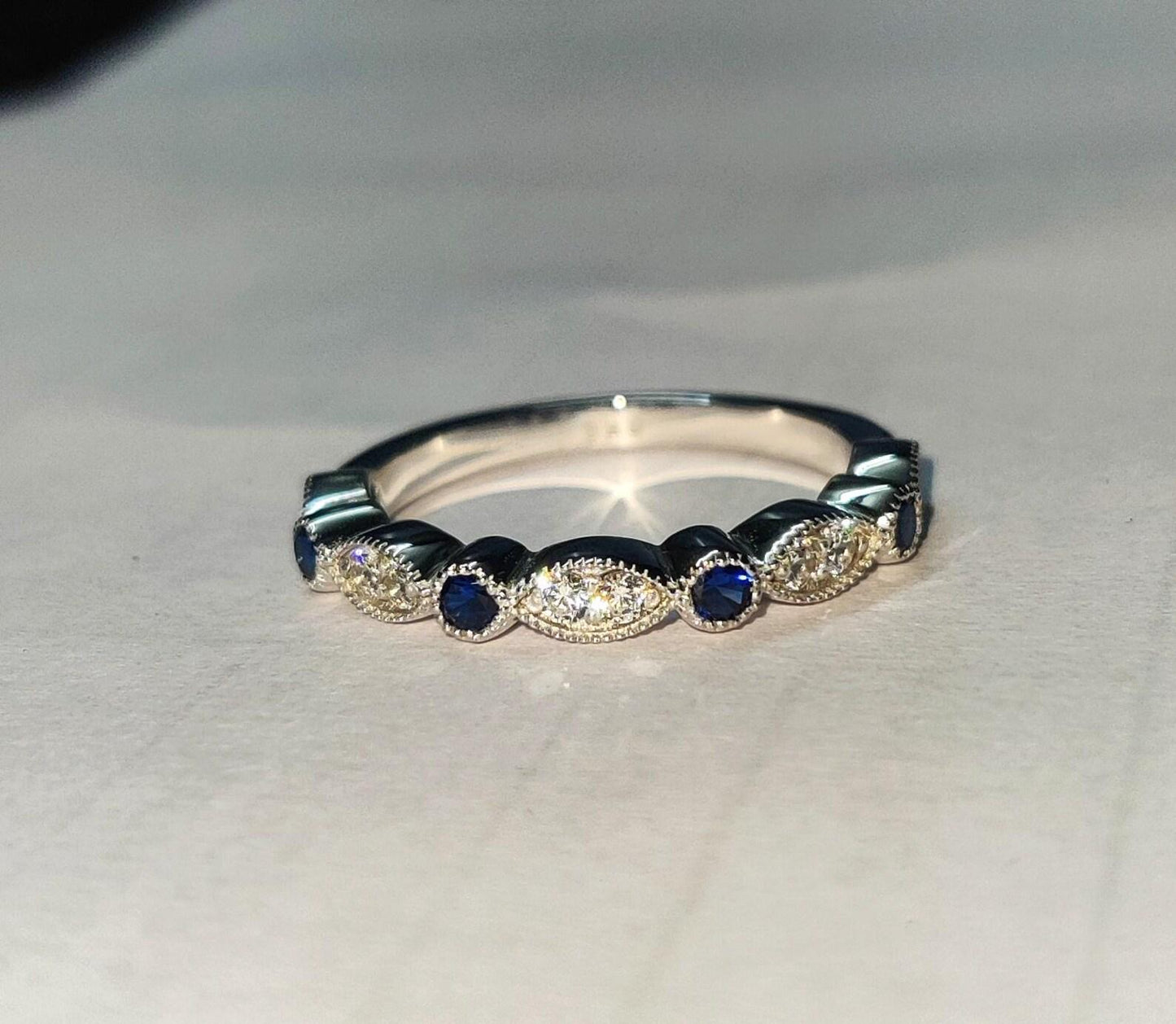 0.50Ct Round Cut Sapphire Band Ring Sapphire Engagement Anniversary Wedding Band Ring 14K White Gold Finish 925 Silver Diamond Band