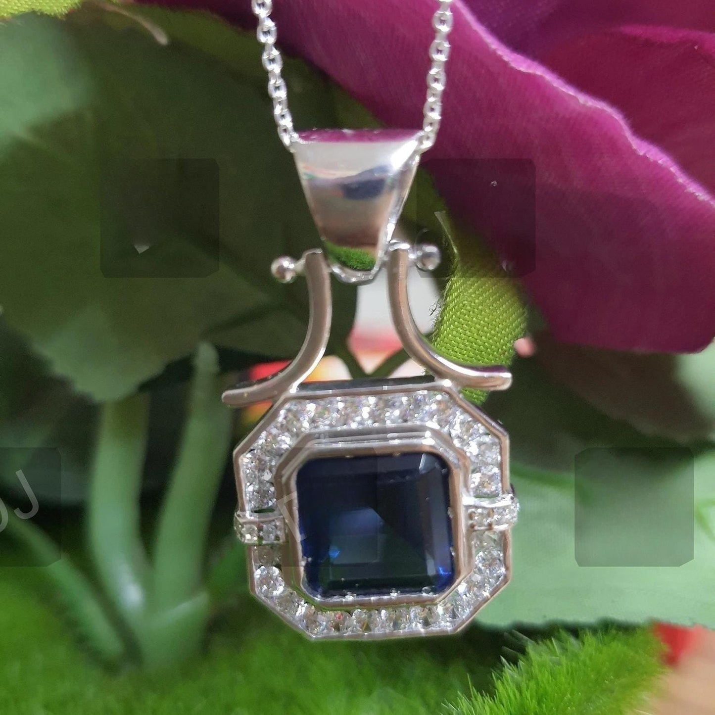 3Ct Asscher Cut Blue Sapphire Round Cut Diamond Halo 14K White Gold Finish Pendant Necklace For Girls With Free Chain