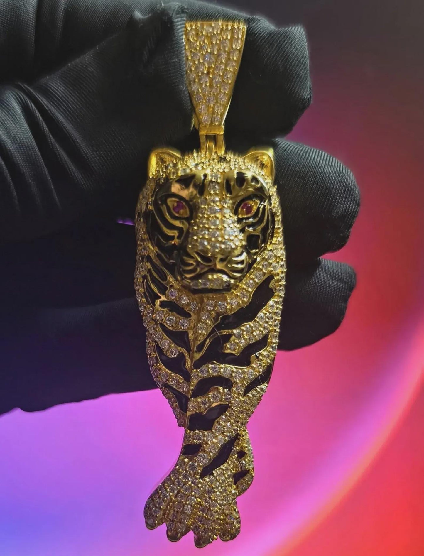 4Ct Round Cut Tiger Simulated Diamond Black Enamel Pendant Red Ruby Eye 14K Yellow Gold Plated 925 Sterling Silver, Tiger Animal Pendant