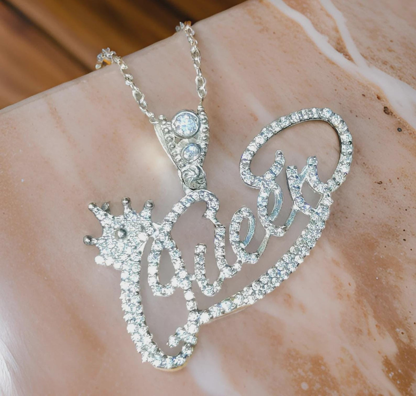 2Ct Custom Letter Pendant Lab-Created Diamond Queen Letter Initial Pendant 14K White Gold Plated Hip Hop Pendant Queen Name Crown Pendant