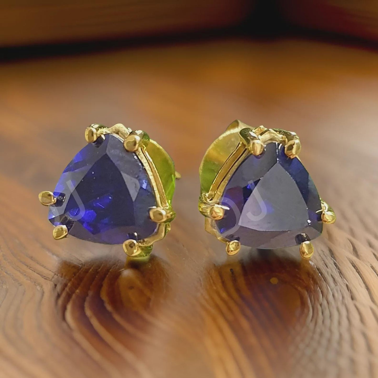 2Ct Trillion Cut Sapphire Stud Blue Sapphire Diamond 14K Yellow Gold Finish Halo Stud Earrings 925 Sterling Silver Gift For Birthday.