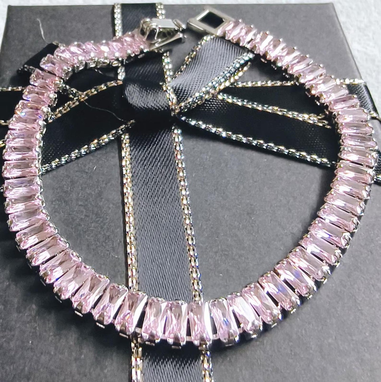 12Ct Baguette Cut CZ Pink Sapphire Lab-Created Spinel Tennis Bracelet 14K White Gold Plated Diamond Bracelet Size 7.5" Inch