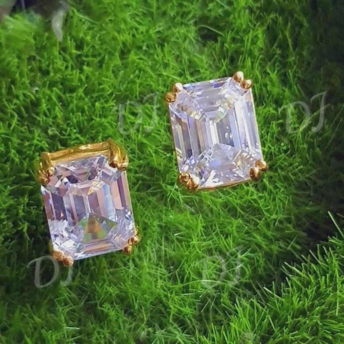 2Ct Emerald Cut Solitaire Stud Earrings Round Cut VVS1 Diamond Earrings 14k Yellow Gold Plated Prong Set Earring Gift for Birthday Party