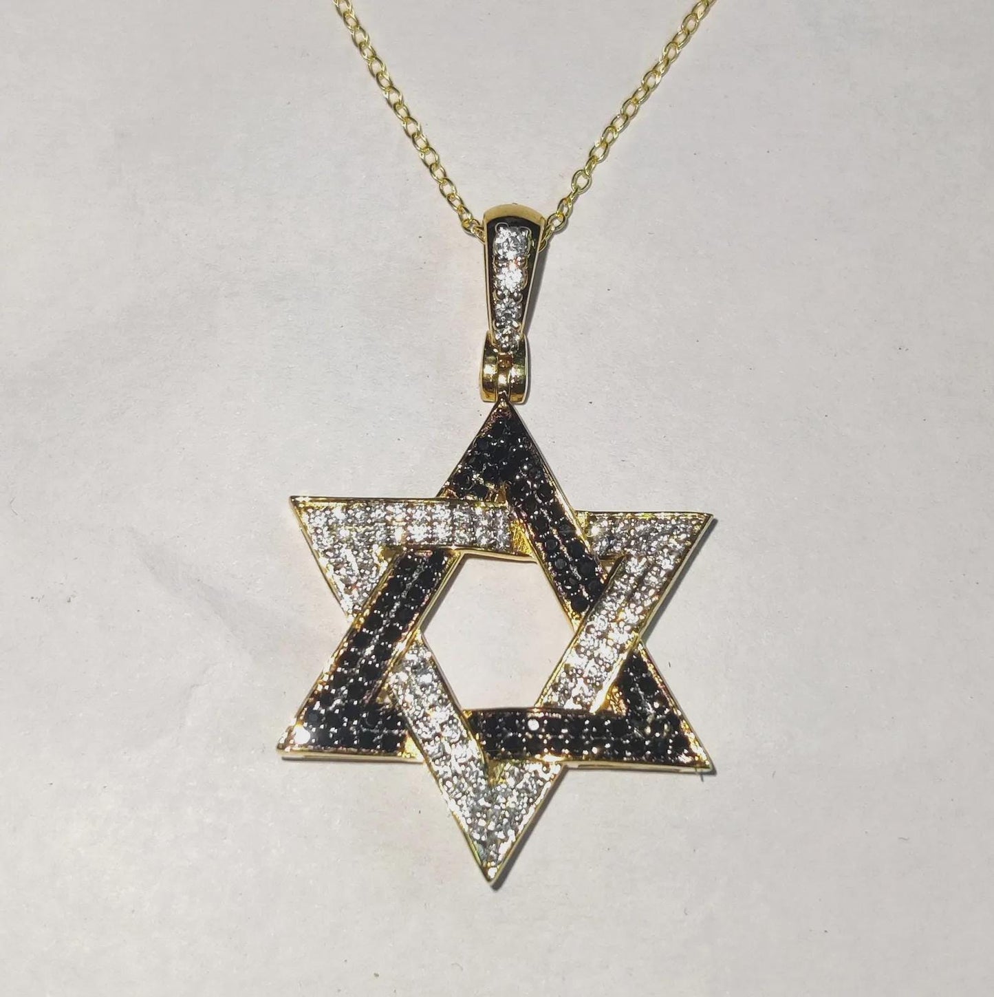 Round Cut Simulated Black and White Diamond Star of David Pendant 14K Yellow Gold Plated Pendant Gift