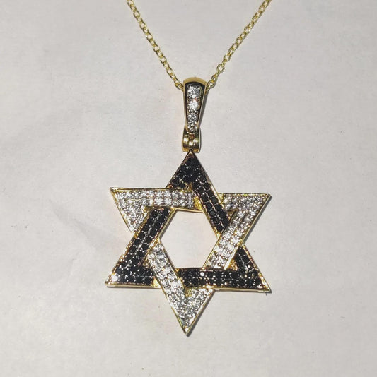 Round Cut Simulated Black and White Diamond Star of David Pendant 14K Yellow Gold Plated Pendant Gift