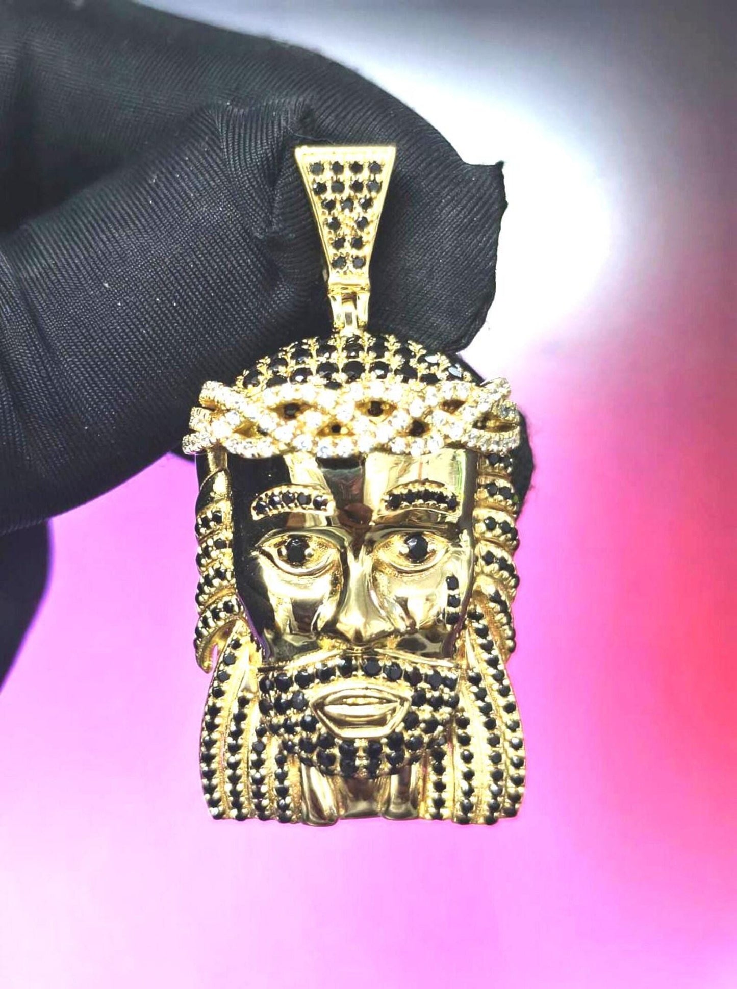 3Ct Round Cut Simulated Black and White Diamond Jesus Face  Pendant 14K Yellow Gold Plated Free Chain 18" 925 Silver, Hip Hop Custom Pendant