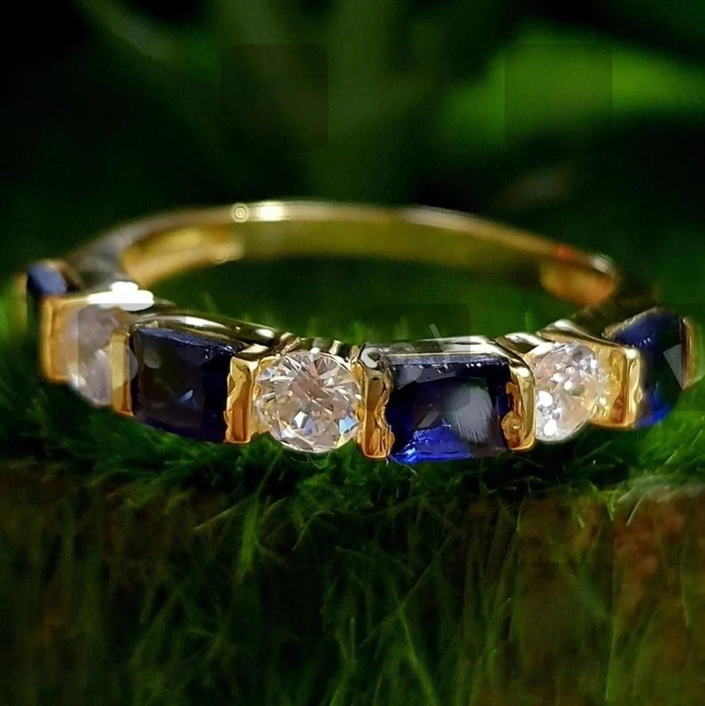 2Ct Round Cut Simulated Diamond & Princess Cut Sapphire Engagement Anniversary Band Ring 14K Yellow Gold Finish, Birthday Gift, Ring For Her