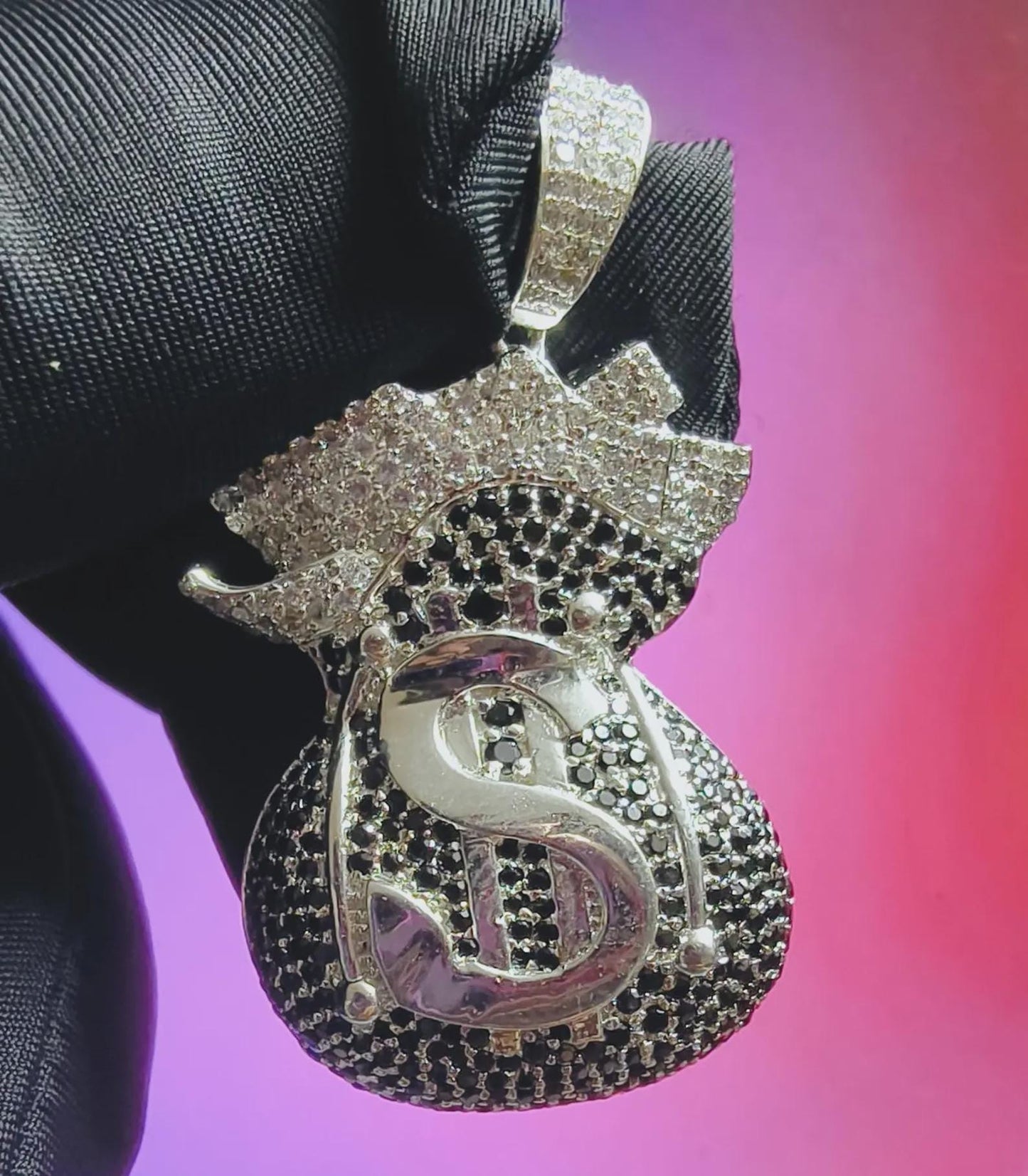 3Ct Round Cut Simulated White Diamond, Black Spinel Dollar Money Bag Pendant 14K White Gold Plated 925 Silver, Hip Hop Pendant