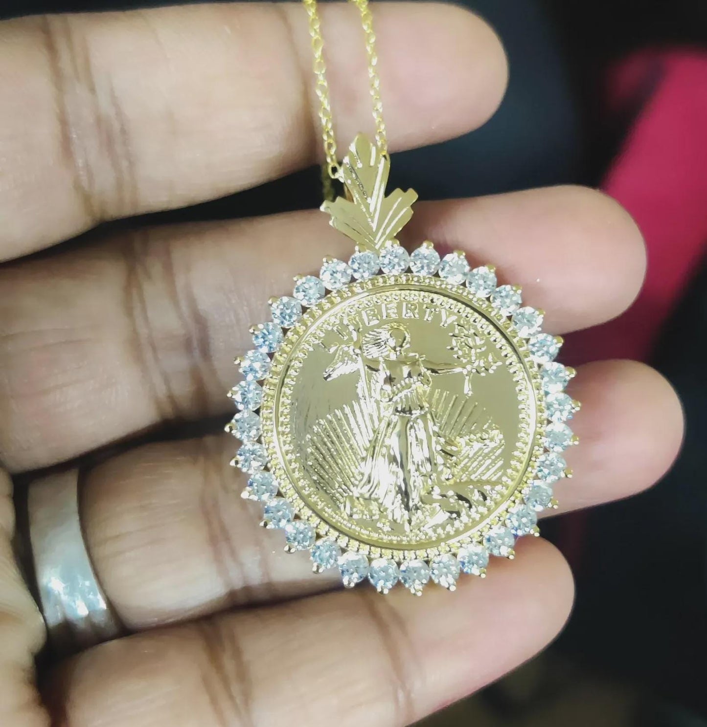1Ct Round Cut Moissanite Pendant Liberty Dollar Coin Pendant Necklaces Pendant 14K Yellow Gold Finish Moissanite Liberty Pendant