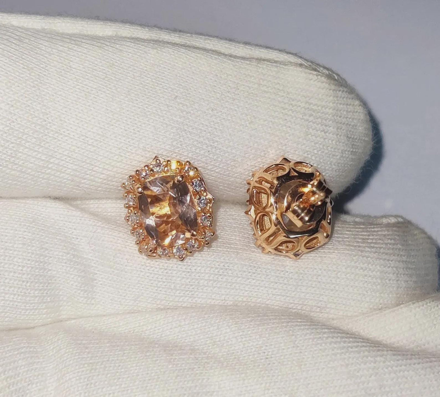 4Ct Cushion Cut Morganite Stud Earrings Simulated Diamond 14K Rose Gold Finish Fancy Halo Earrings 925 Sterling Silver Gift For Party Wear