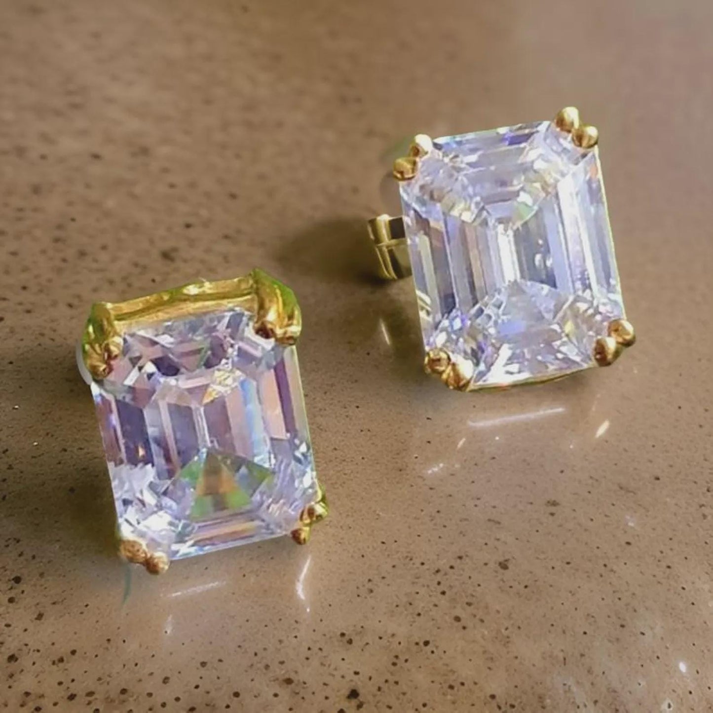 2Ct Emerald Cut Solitaire Stud Earrings Round Cut VVS1 Diamond Earrings 14k Yellow Gold Plated Prong Set Earring Gift for Birthday Party