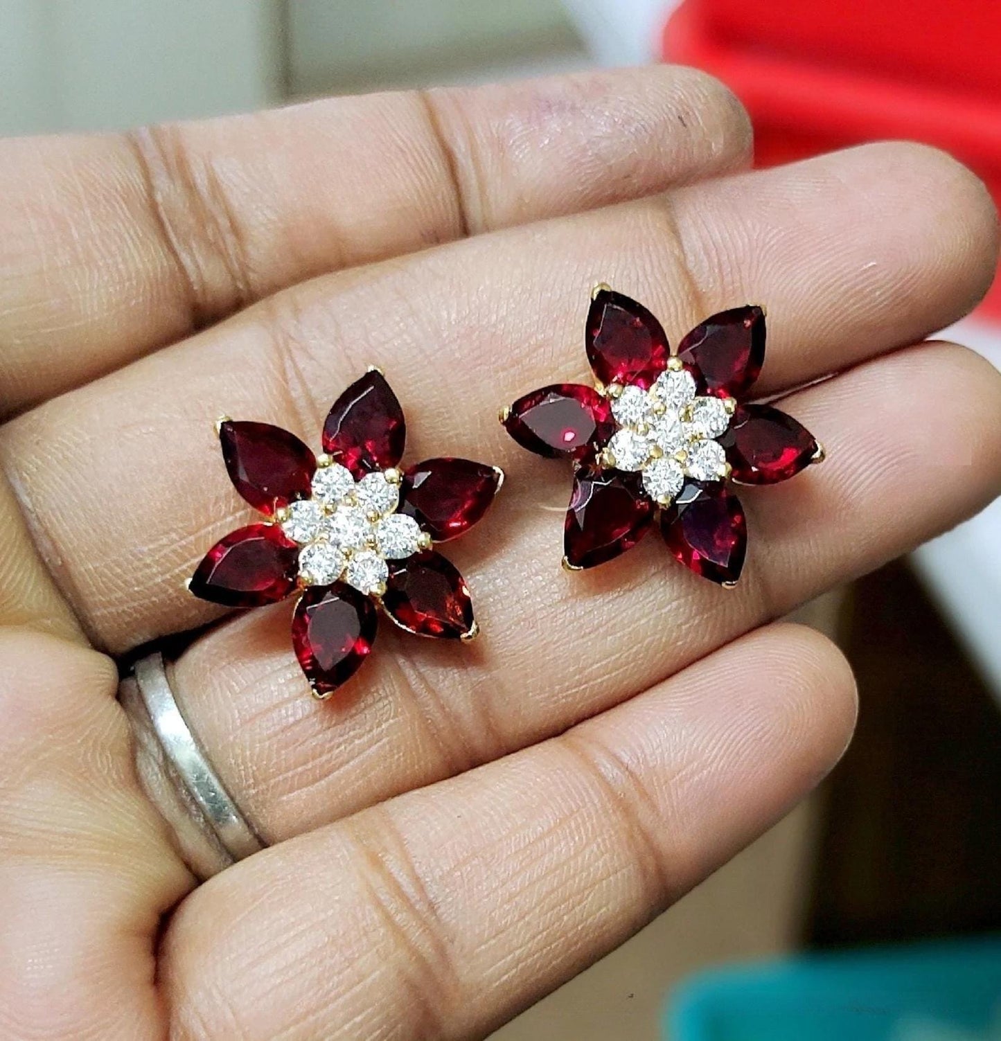 1.20Ct Red Garnet Earrings Lab-Created Pear Cut Red Garnet Cluster Flower Stud Earrings 14K Yellow Gold Finish Woman's Garnet Stud Earrings