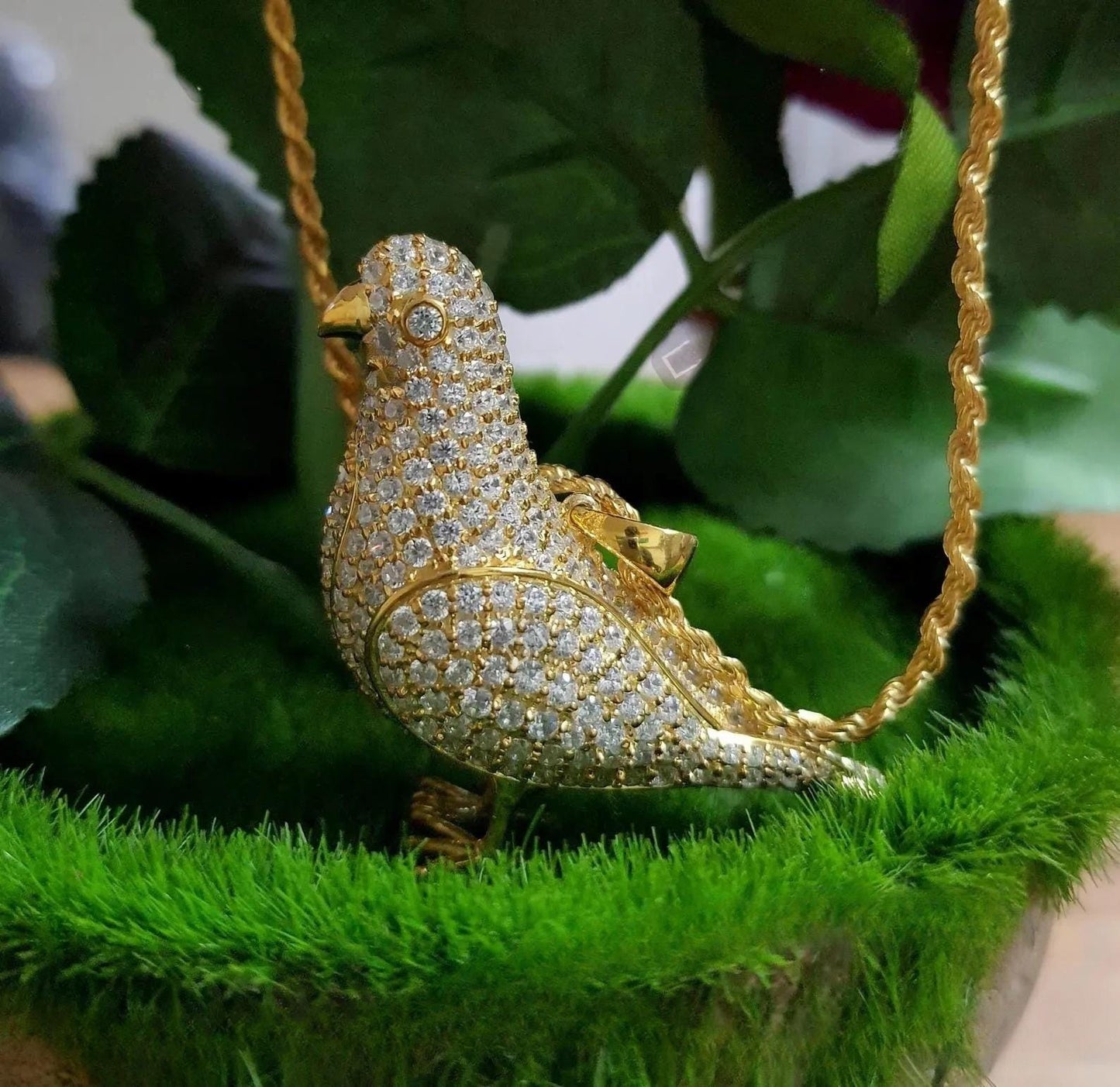 14k Yellow Gold Finish Pendant. Custom Made Bird Pendant Round cut Simulated Diamond Yellow Gold Plated Bird Pendant Free Chain