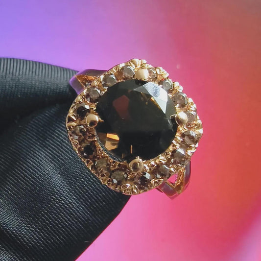 3Ct Round Cut Simulated Chocolate Diamond Halo Engagement Ring 14K Yellow Gold Finish 925 Sterling Silver, Wedding Band, Gift For her