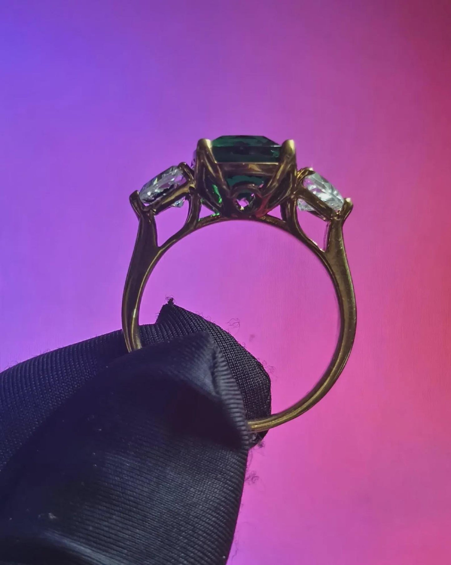 Three Stone Cushion Cut Simulated Green Emerald Diamond 14K Yellow Gold Plated 925 Sterling Silver, Anniversary Ring, Wedding Solitaire Ring