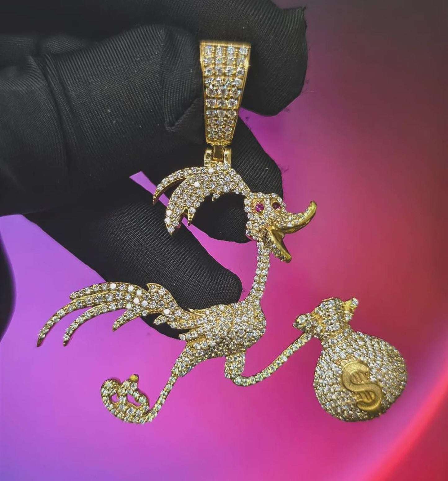 Round Cut Moissanite Duck With Money Bag Pendant Hip Hop Bird Pendant 14K Yellow Gold Plated 925 Sterling Silver Free Chain