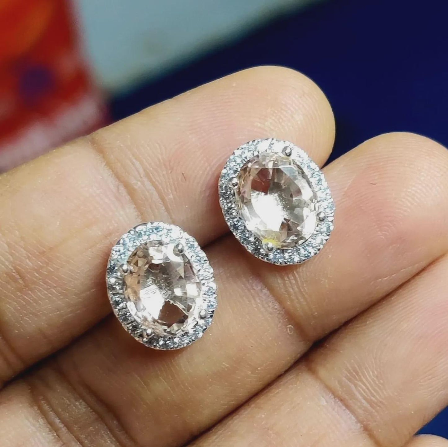 2Ct Oval Cut Simulated Morganite Cluster Halo Stud Earrings 14K White Gold Finish Sterling Silver Push Back Earrings Gift For Birthday