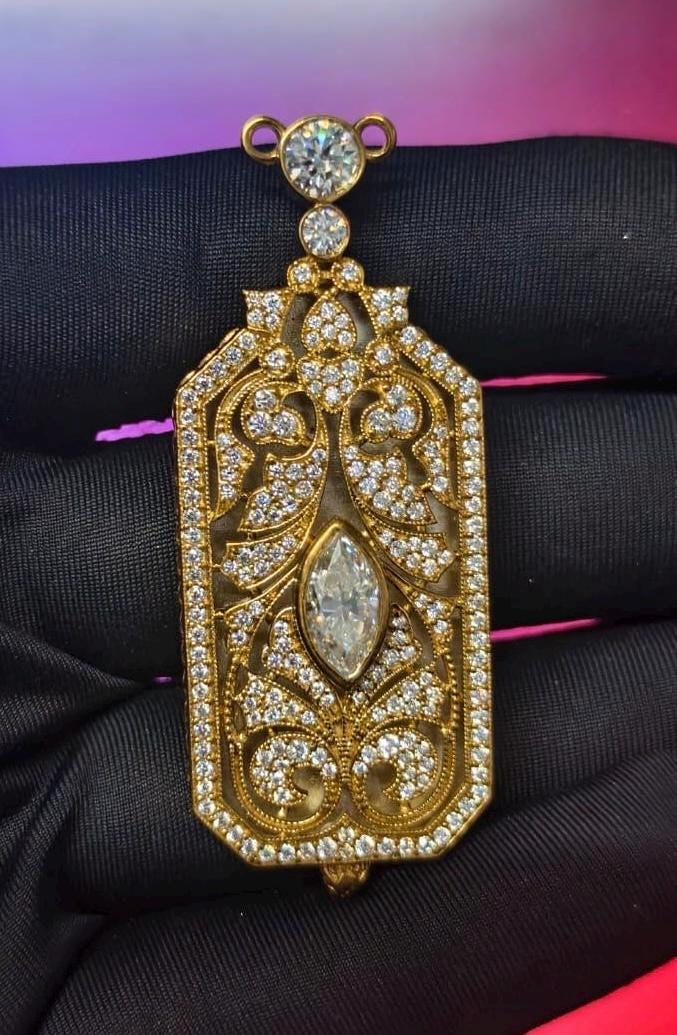 3Ct Marquise & Round Cut Simulated Diamond Art Deco Style Pendant 14K Yellow Gold Plated - 925 Silver