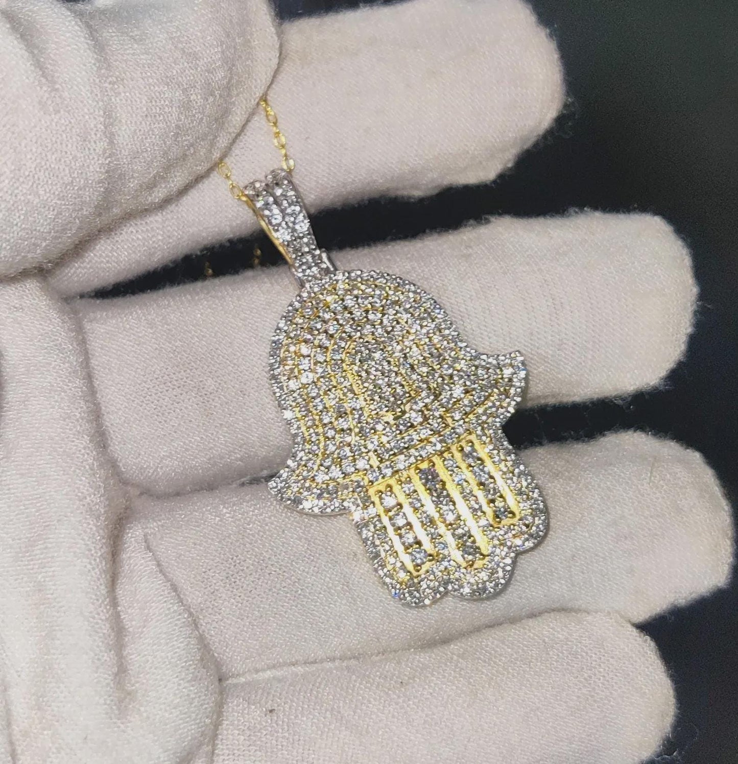 2Ct Round Cut Simulated White Diamond Hamsa Pendant  14K Yellow Gold Finish Free Chain 925 Sterling Silver