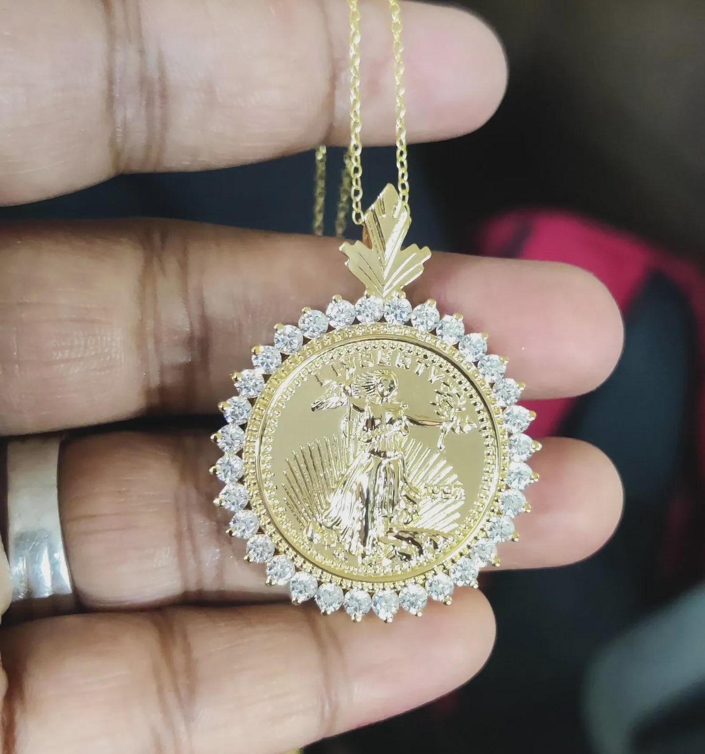 1Ct Round Cut Moissanite Pendant Liberty Dollar Coin Pendant Necklaces Pendant 14K Yellow Gold Finish Moissanite Liberty Pendant