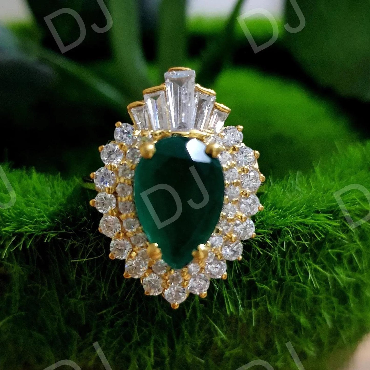 2Ct Pear Cut Emerald & Baugette Diamond Engagement Ring Yellow Gold Finish Halo Engagement Ring For Women Wedding Promise Ring For Her