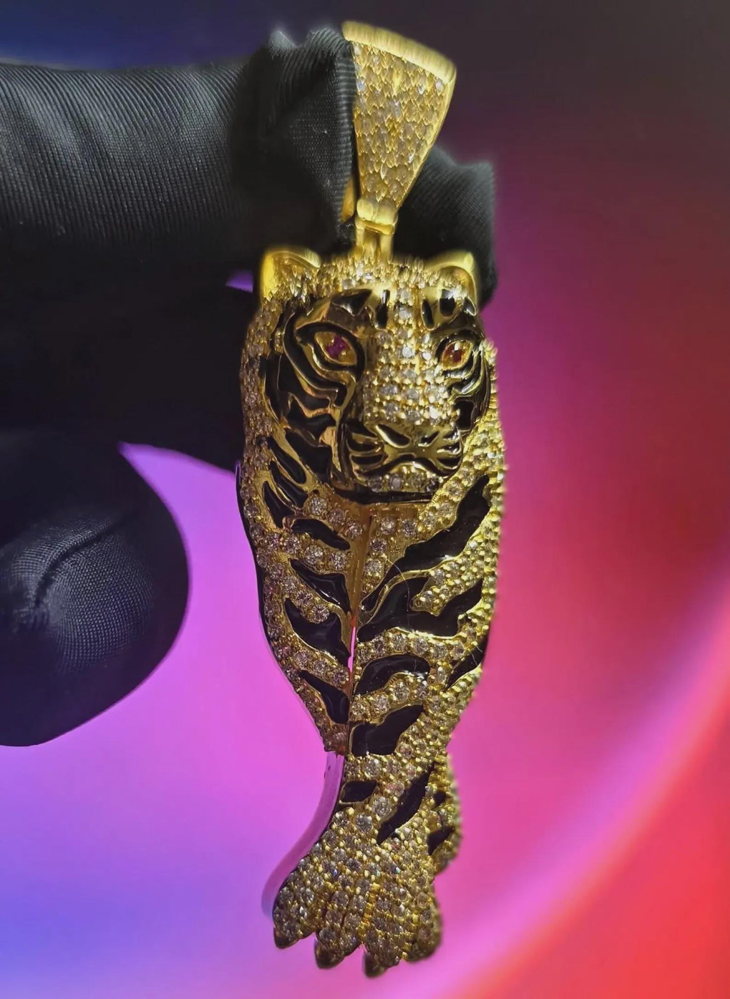 4Ct Round Cut Tiger Simulated Diamond Black Enamel Pendant Red Ruby Eye 14K Yellow Gold Plated 925 Sterling Silver, Tiger Animal Pendant