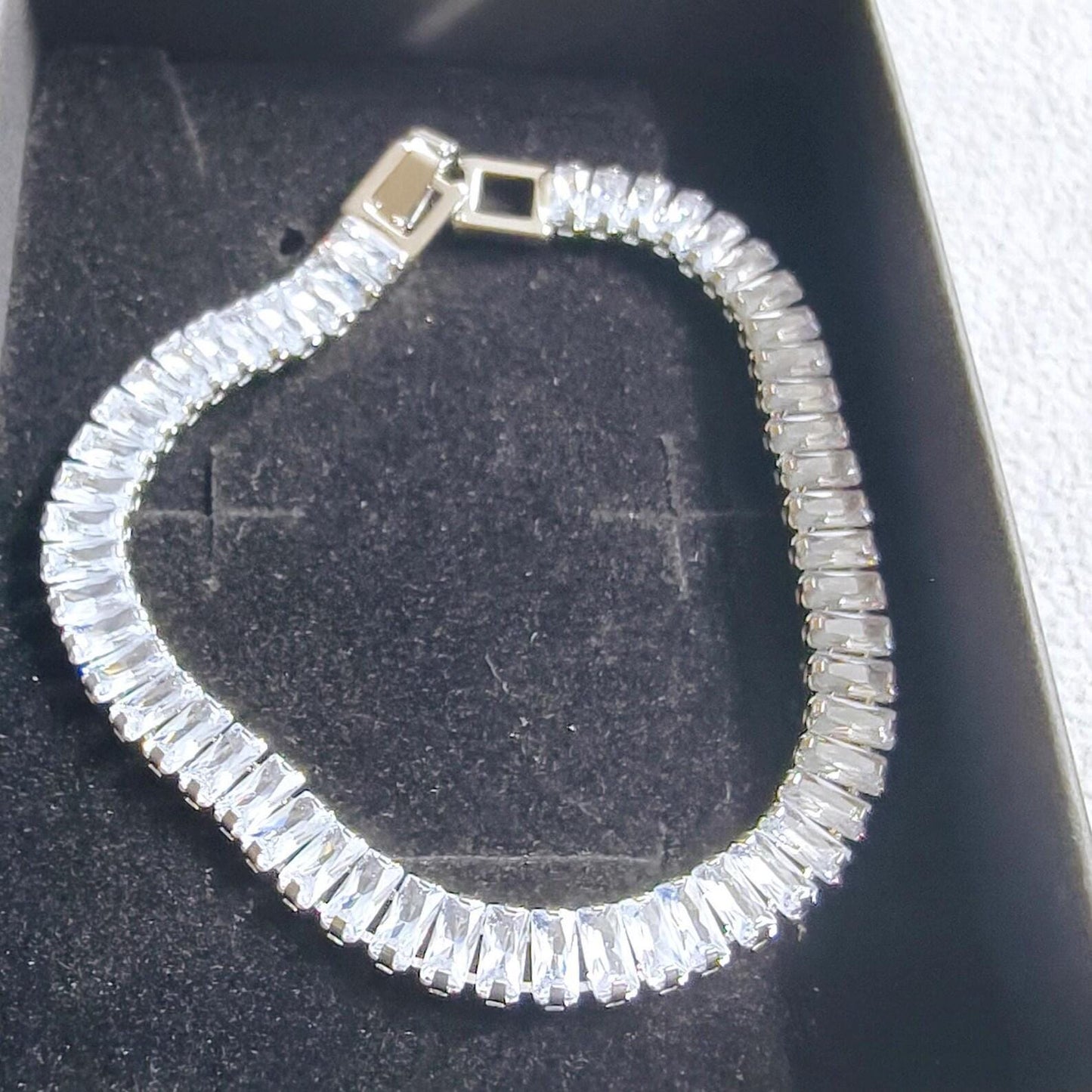 12Ct Radiant Baguette Cut Cubic Zirconia Lab-Created Cubic Zirconia Tennis Bracelet 14K White Gold Plated Diamond Bracelet Size 7.5"  Silver