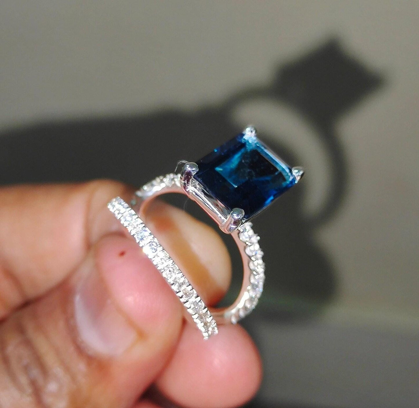 2.50Ct Emerald Brilliant Cut Blue Sapphire & VVS1/D Diamond Solitaire Engagement Bridal Ring Set 14K White Gold Finish Gift For her