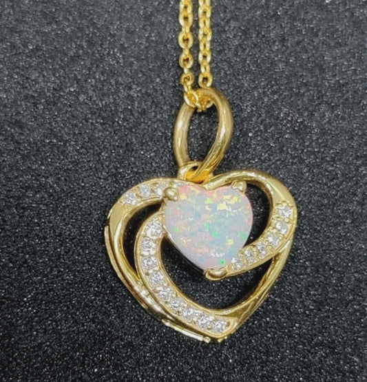 1.50Ct Heart Cut Fire Opal Open Heart Shape Pendant In 14K Yellow Gold Finish With 18''Free Chain