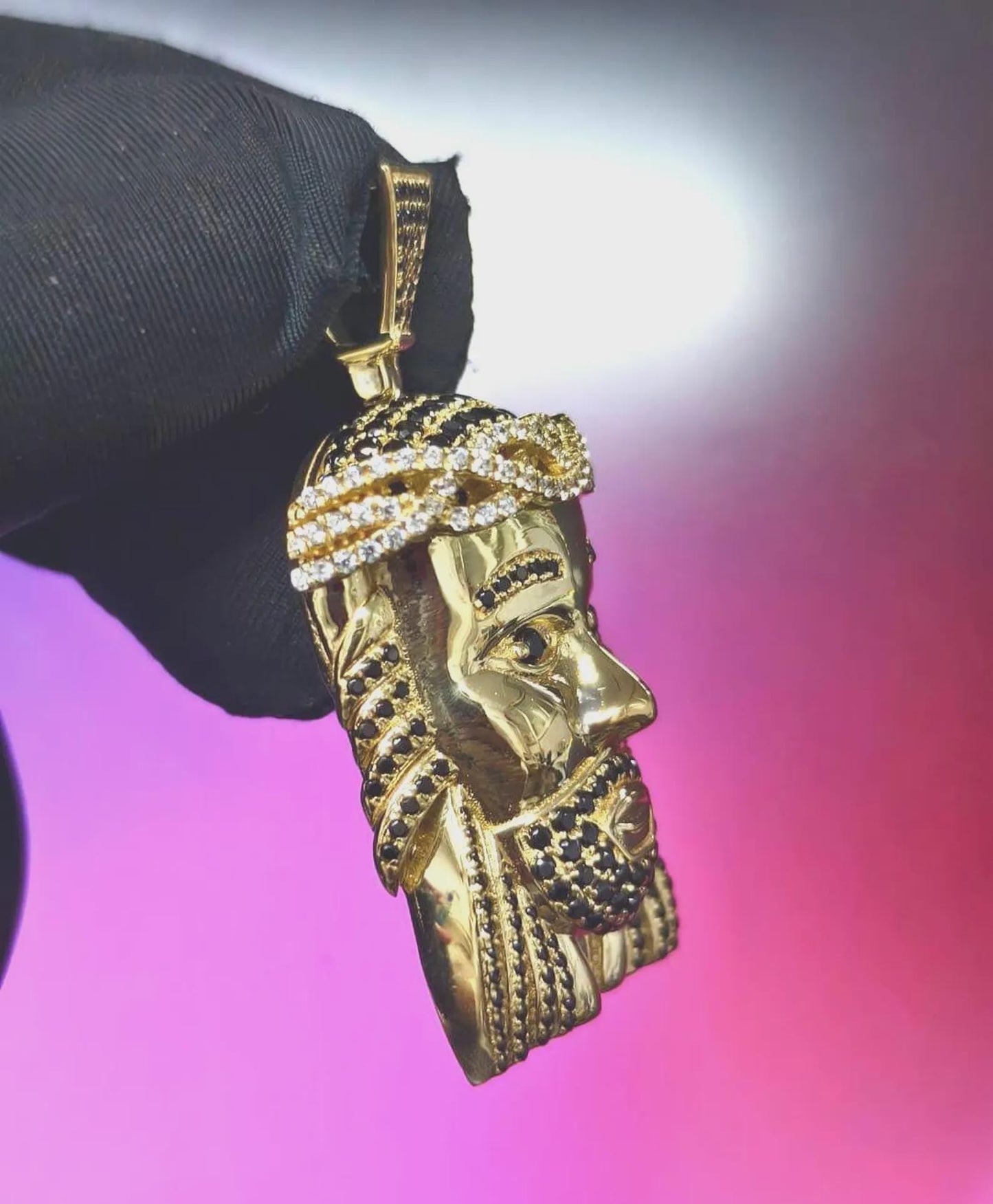 3Ct Round Cut Simulated Black and White Diamond Jesus Face  Pendant 14K Yellow Gold Plated Free Chain 18" 925 Silver, Hip Hop Custom Pendant