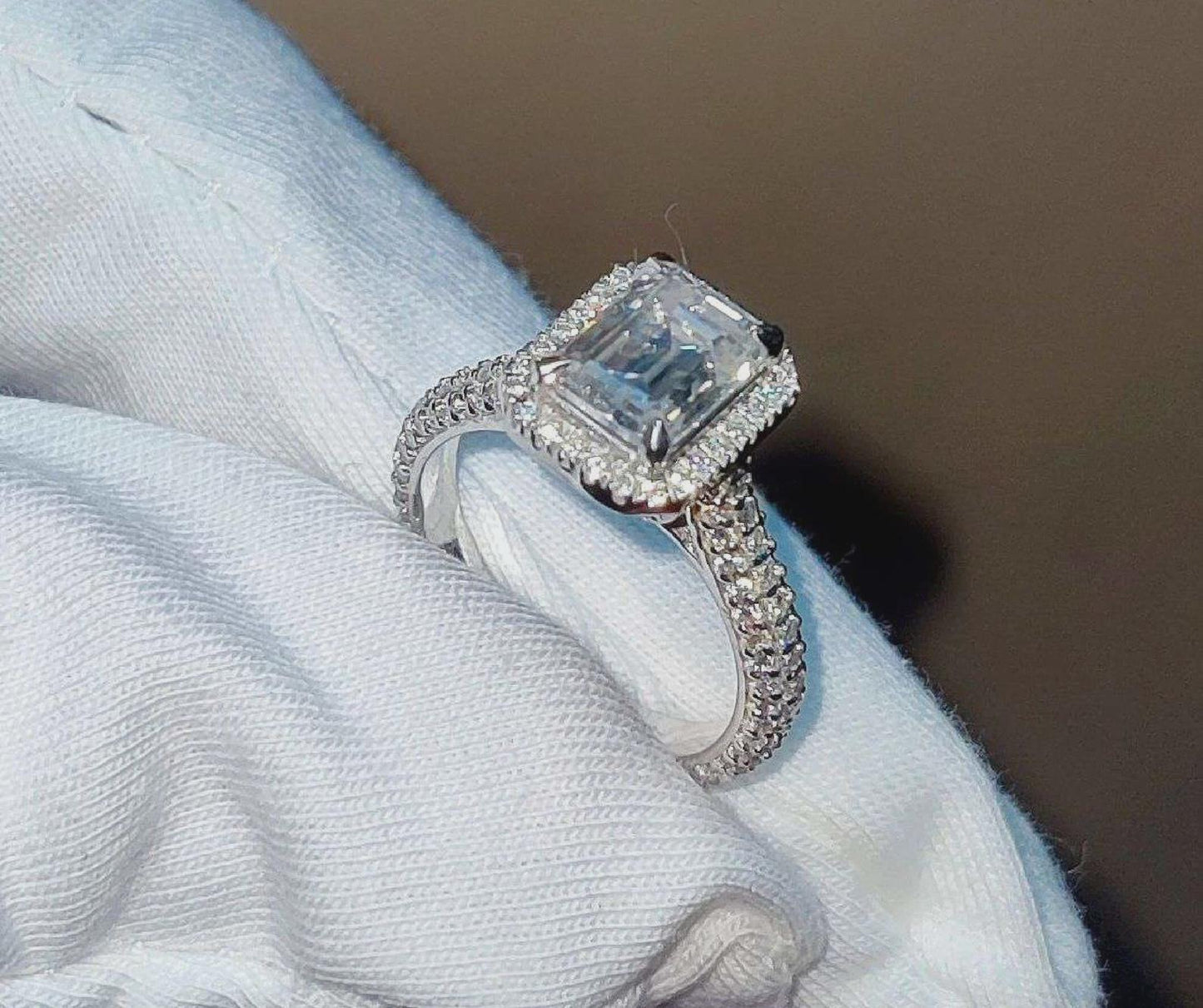 2Ct Emerald Cut Halo Simulated Diamond Solitaire Engagement Anniversary Ring 14K White Gold Finish 925 Sterling Silver Wedding Gift For her