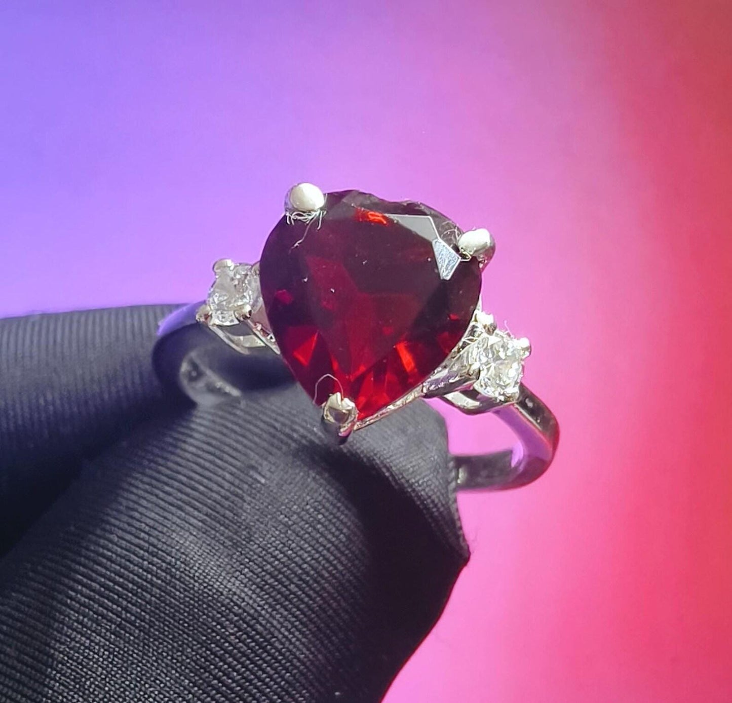 1.50Ct Heart Cut Simulated Red Garnet & Diamond Wedding Engagement Ring 14k White Gold Plated- 925 Silver, Gift for Her