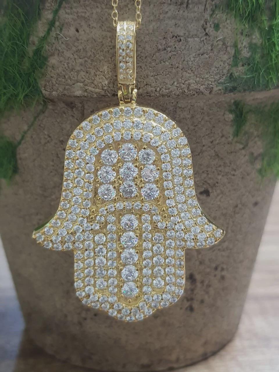 2CT Round Cut Pave Diamond Hamsa Hand Pendant 14K Yellow Gold Finish with free chain
