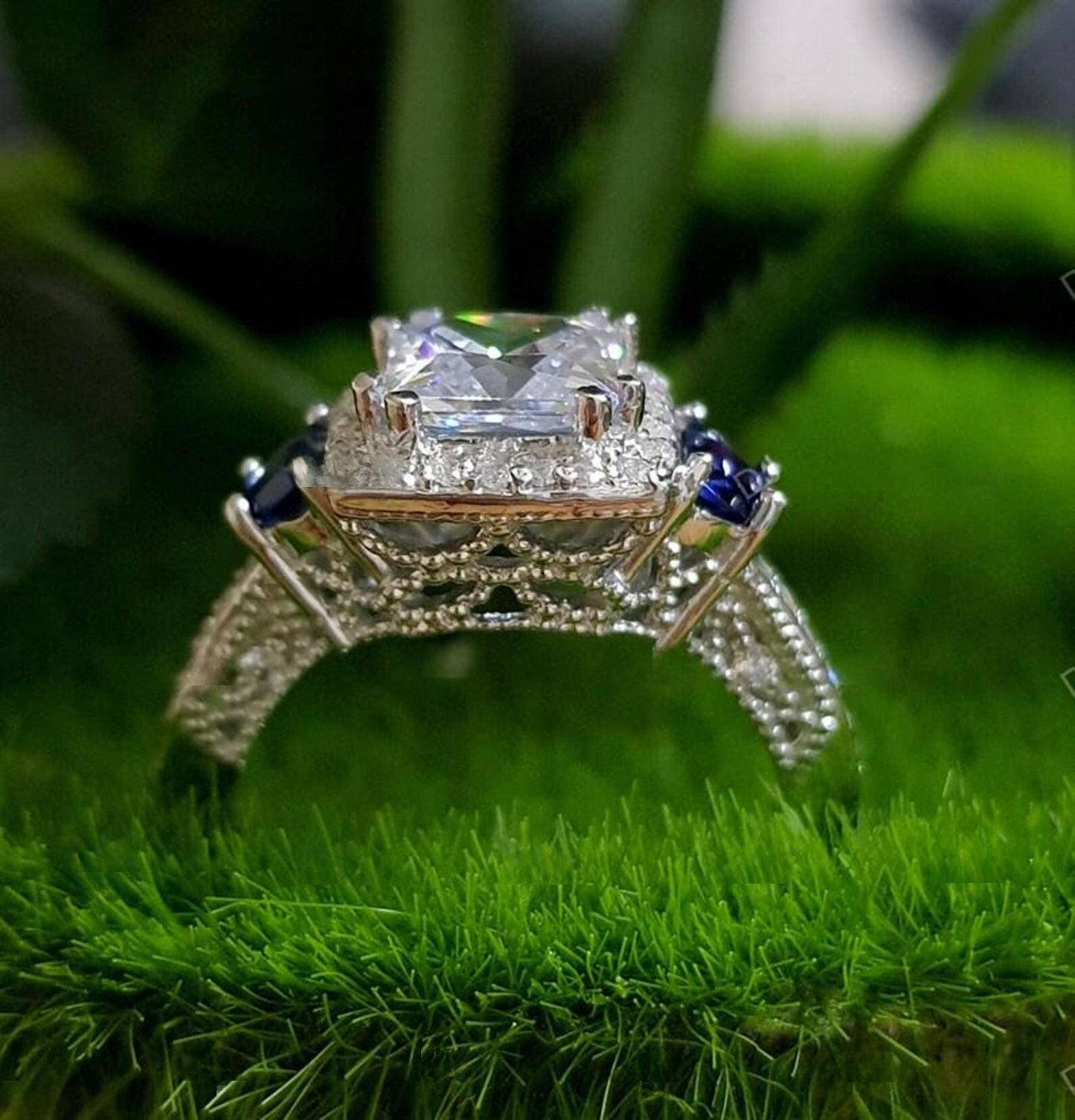 2Ct Princess Cut Halo Simulated Diamond Solitaire Engagement Anniversary Ring 14K White Gold Finish 925 Sterling Silver Wedding Gift For her