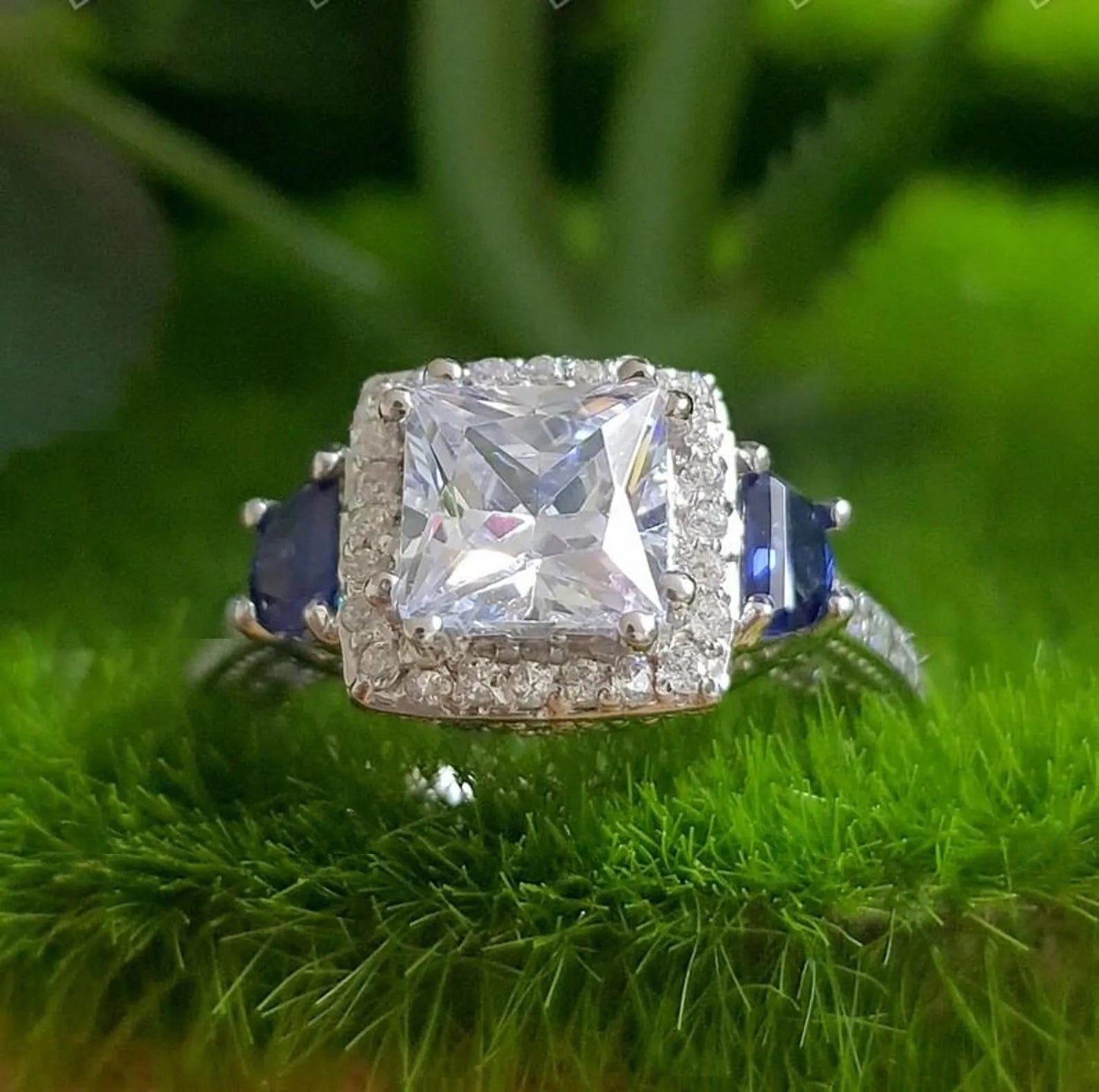 2Ct Princess Cut Halo Simulated Diamond Solitaire Engagement Anniversary Ring 14K White Gold Finish 925 Sterling Silver Wedding Gift For her